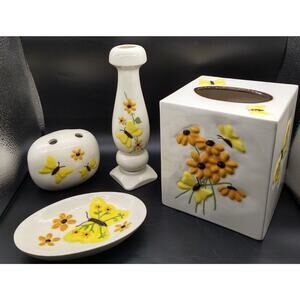 Vintage Ceramic 4 Piece Bathroom Vanity Set Butterfly Daisy Yellow Orange 1980's